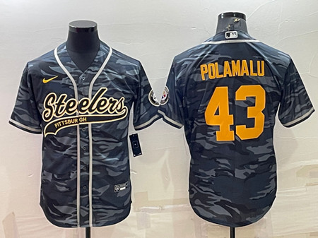 Men's Pittsburgh Steelers #43 Troy Polamalu Gray/Navy Camo With Patch Cool Base Stitched Baseball Jersey